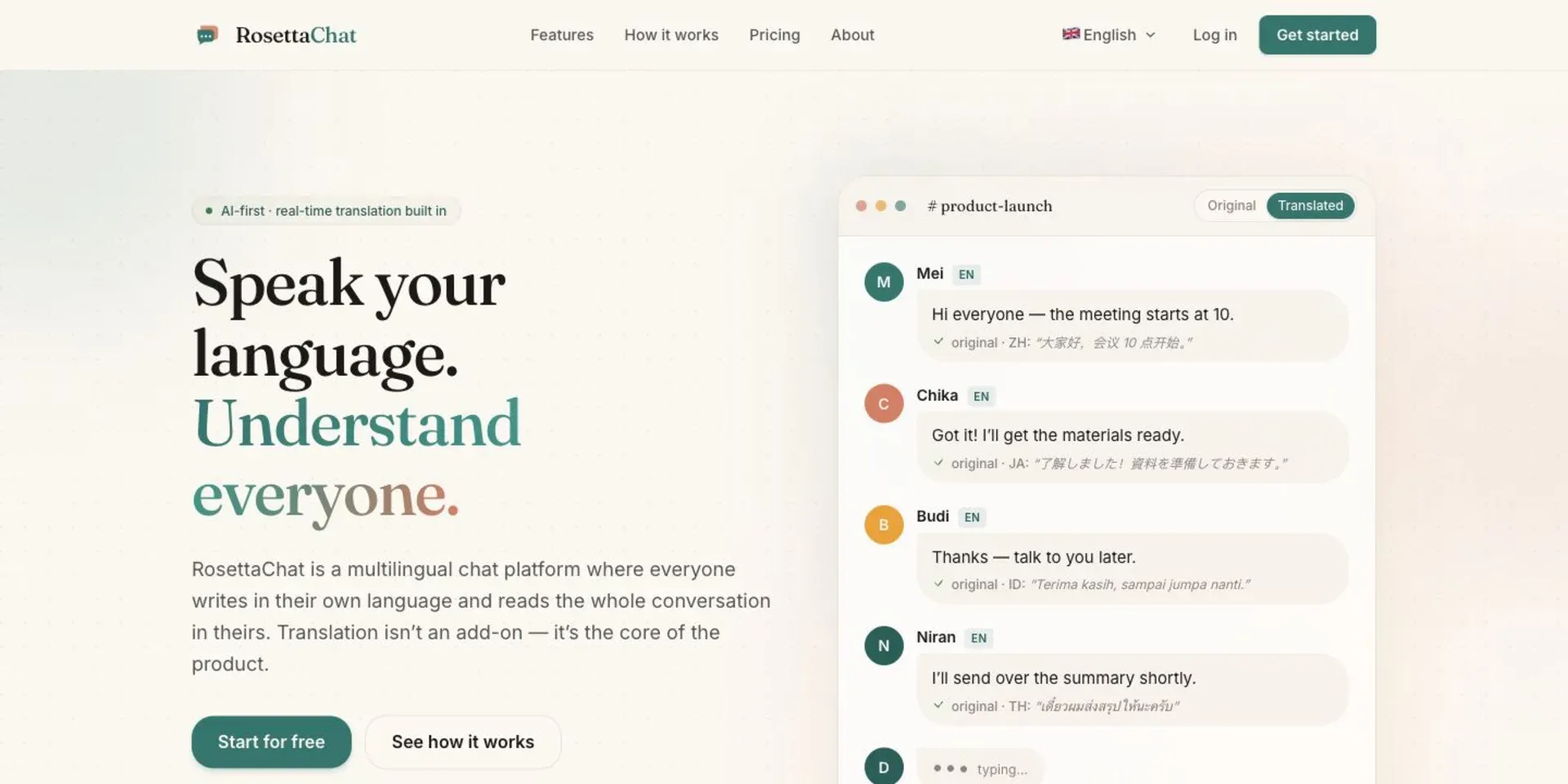 RosettaChat multilingual chat landing page