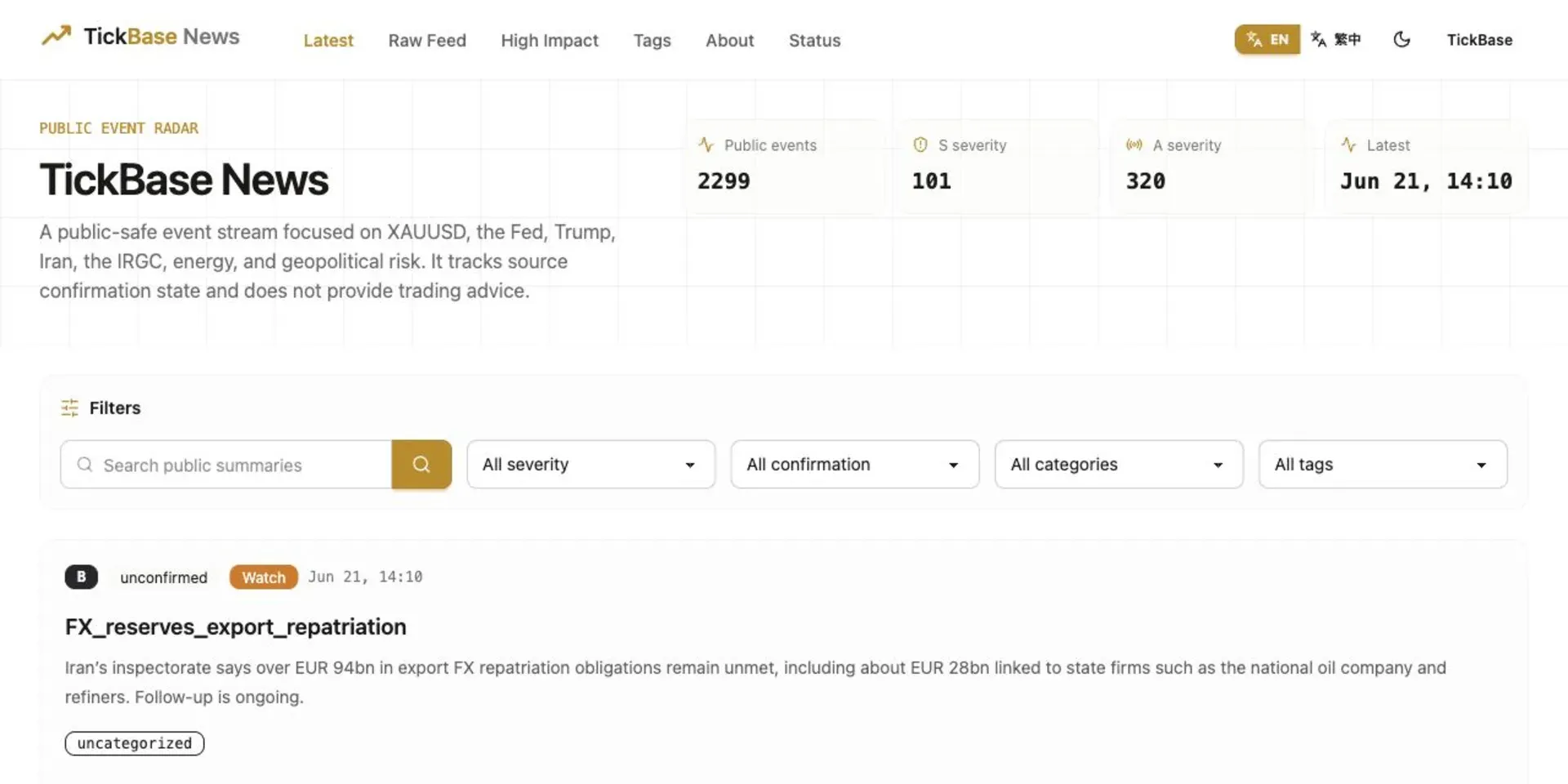 TickBase News public event radar page