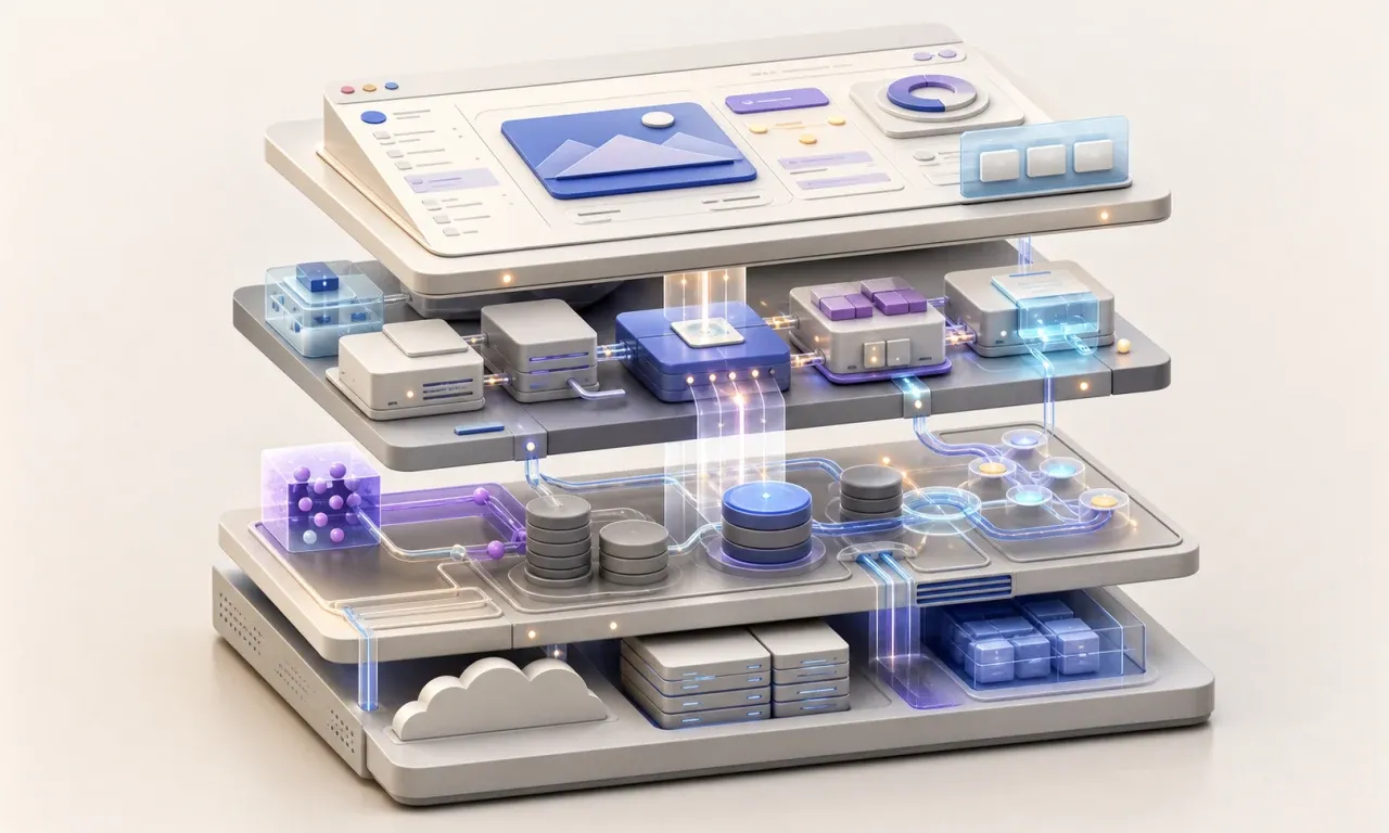 A complete software stack connecting product interface, services, data, and infrastructure