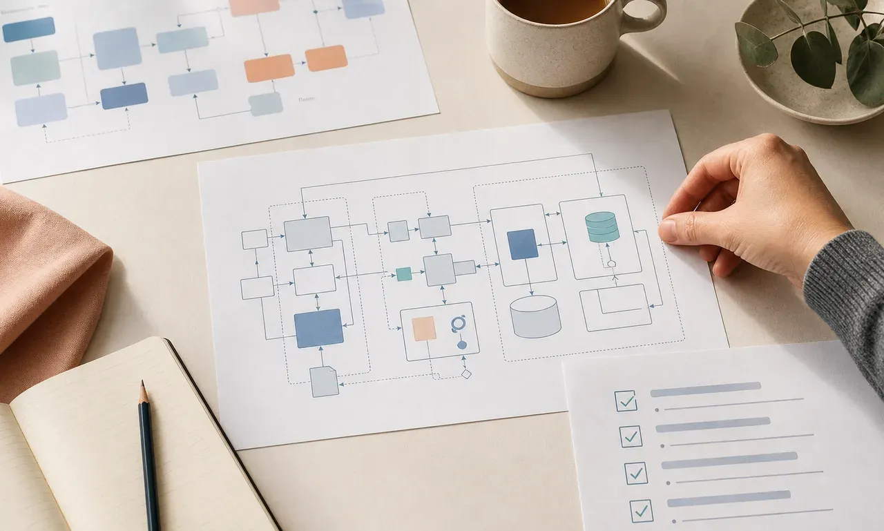Printed requirements and software architecture diagrams arranged on a consultant's desk