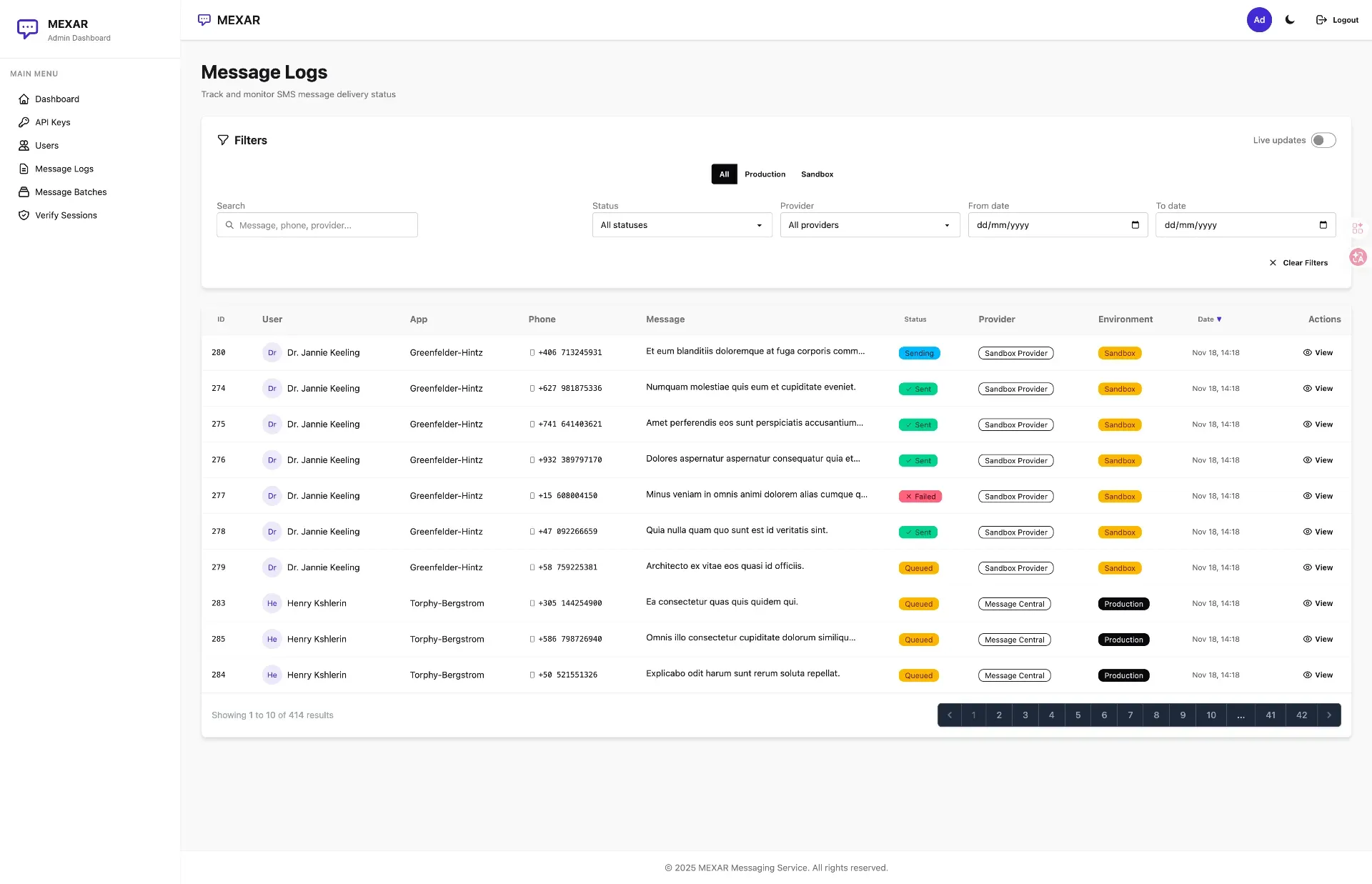 MEXAR Messaging screenshot